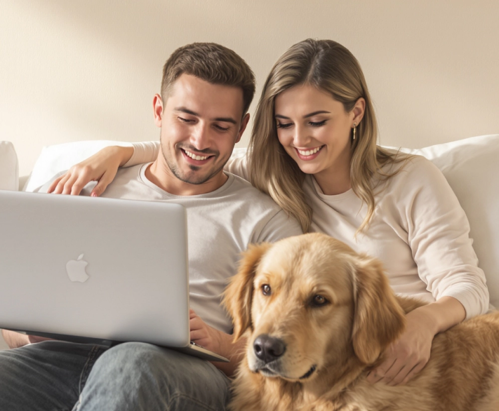 A couple sits on a sofa, smiling at a laptop screen. A golden retriever is seated in front of them.