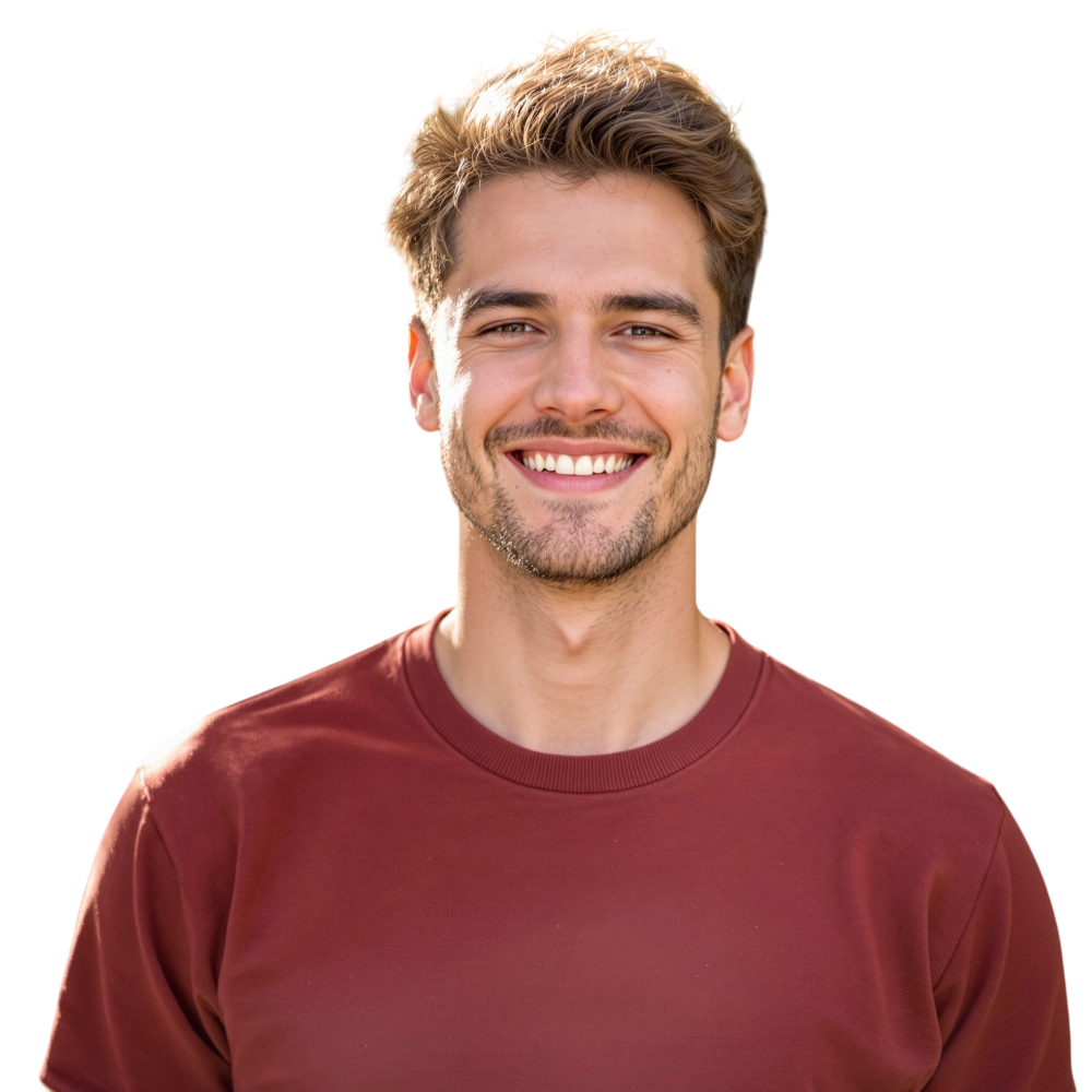 A smiling person with short hair wearing a maroon shirt, standing against a white background.