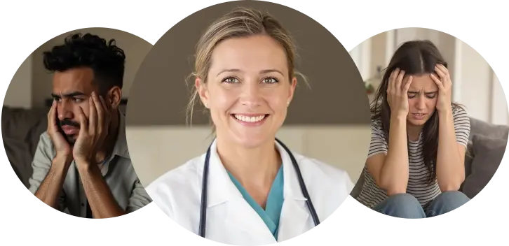 A smiling healthcare professional is centered between images of a stressed man and woman holding their heads.