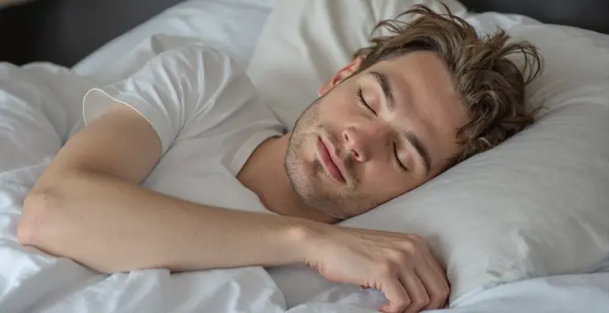 A person with tousled hair is sleeping peacefully on a white pillow, wearing a white t-shirt, with a relaxed expression.