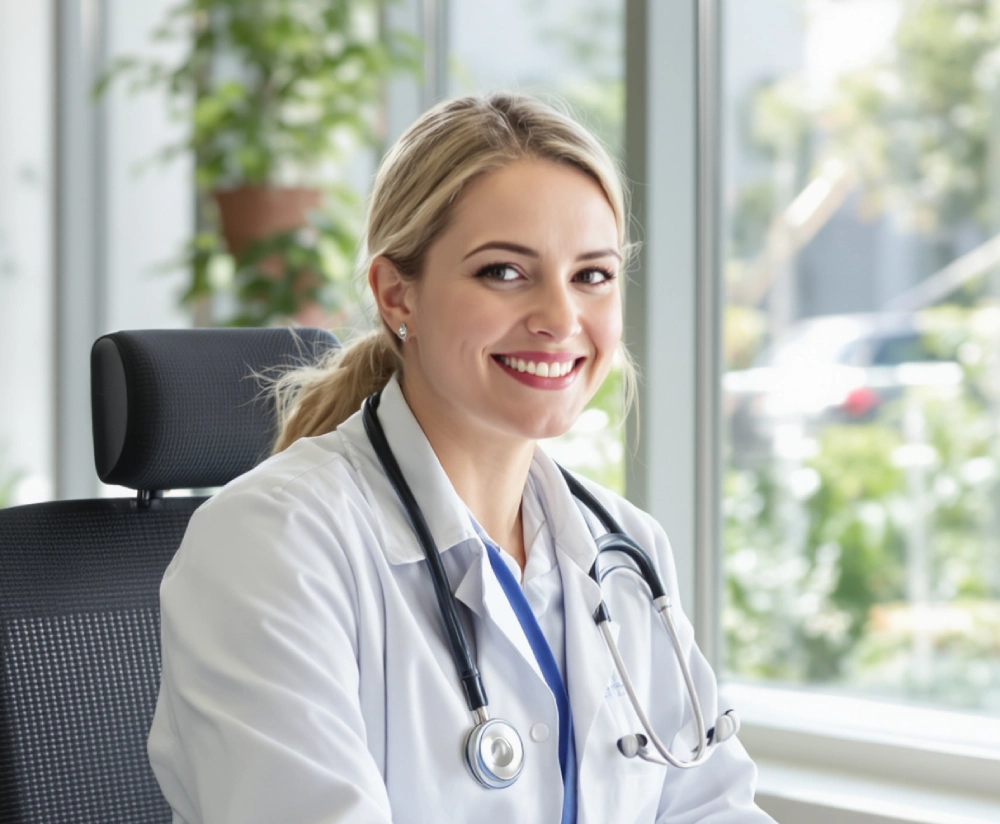 A doctor with a stethoscope sits in a chair, smiling, in a brightly lit office with plants in the background.