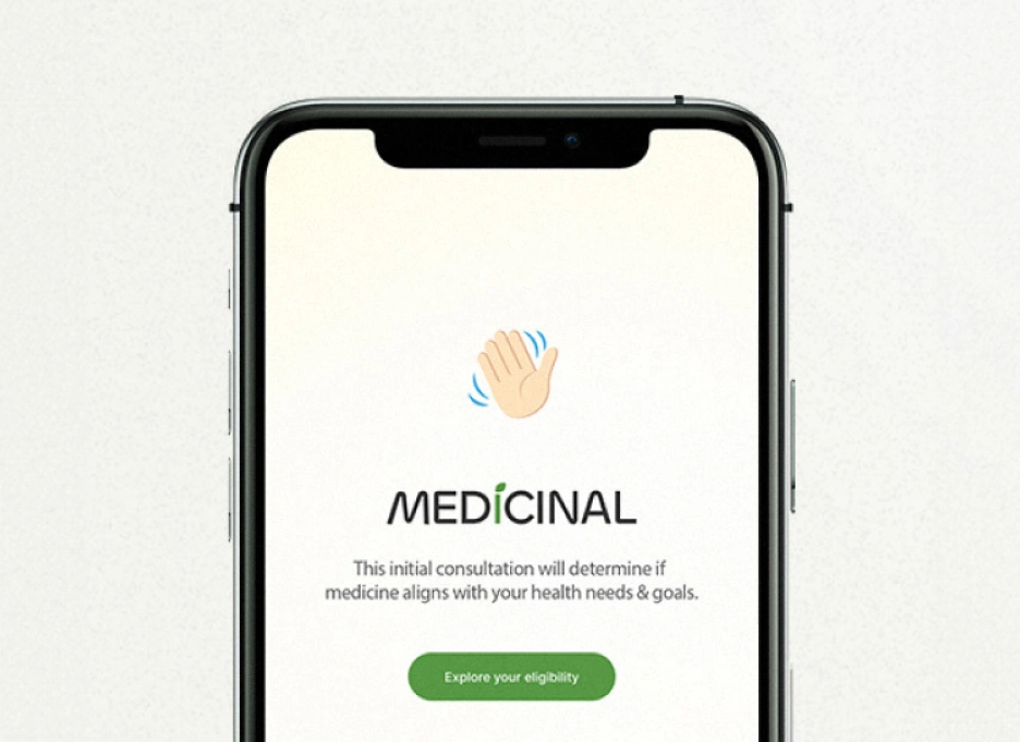 Phone showing the Medicinal app interface with a waving hand emoji and text about an initial consultation. A button reads "Explore your eligibility.