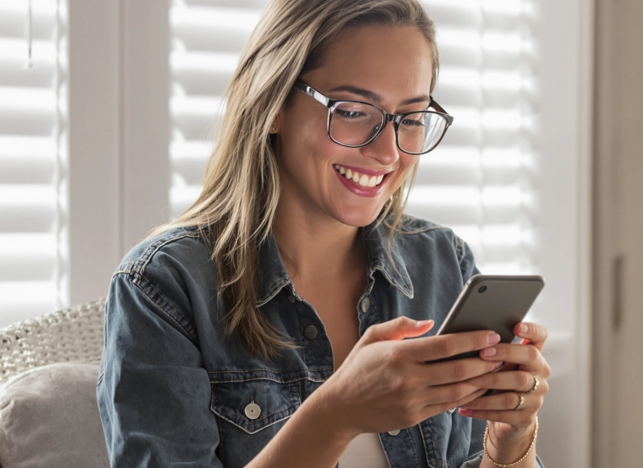 A person wearing glasses and a denim jacket is smiling at a smartphone indoors, with blinds in the background.