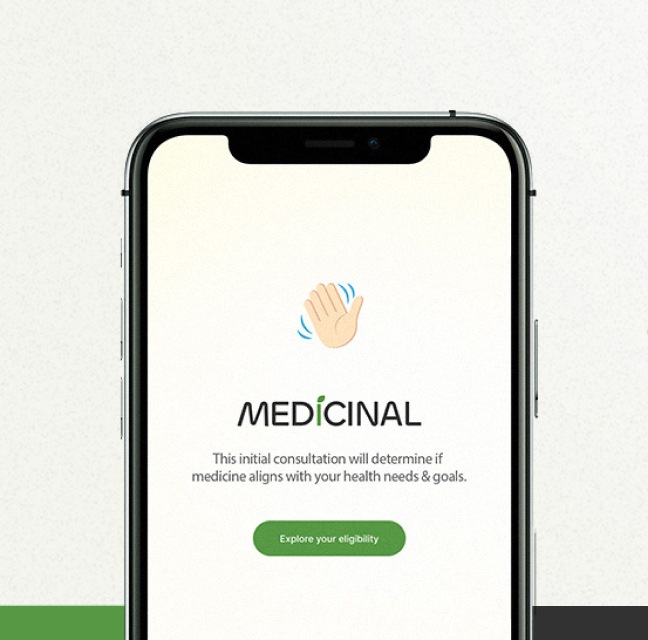 Smartphone displaying an app screen for "Medicinal" with a waving hand icon. Message reads about assessing if medicine aligns with health needs. Button says "Explore your eligibility.