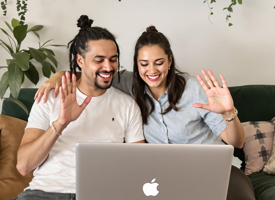 A man and woman sit on a couch in front of a laptop, smiling and waving. Houseplants are in the background.