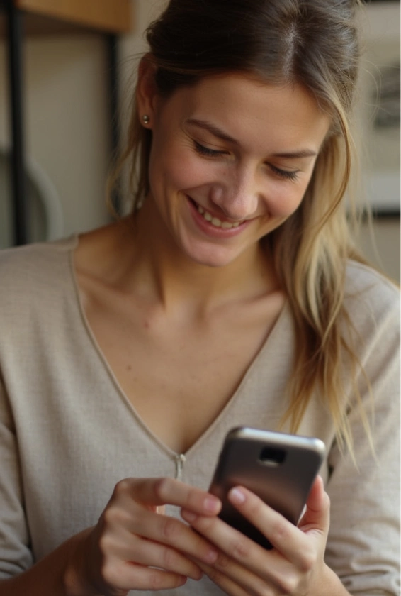 Woman smiling while looking at a smartphone indoors.