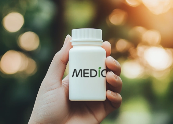 A hand holding a small white medicine bottle labeled "MEDIC" with a blurred outdoor background.