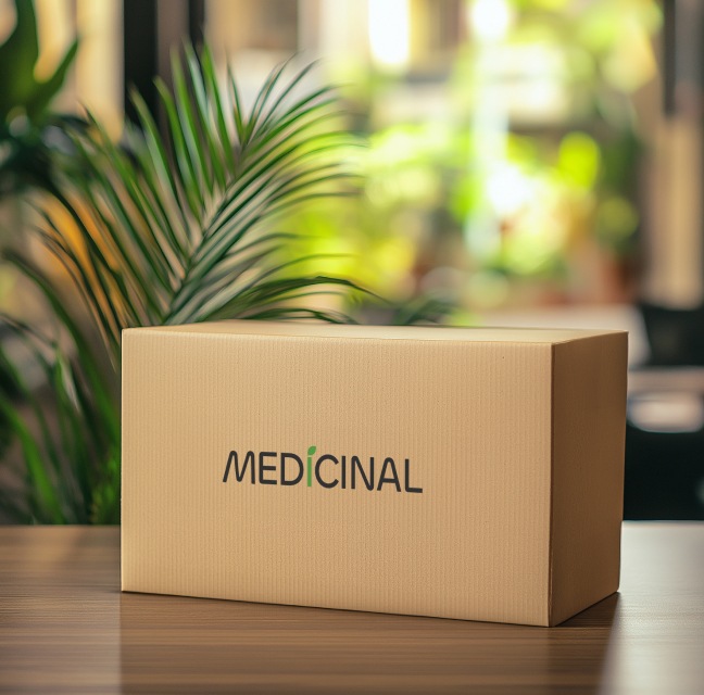 A beige box labeled "MEDICINAL" sits on a wooden table with blurred greenery in the background.