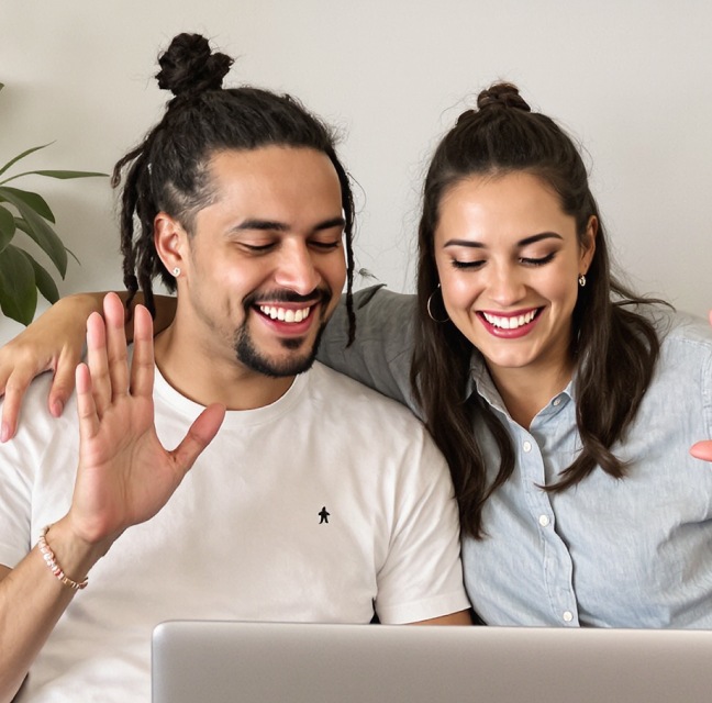 Two people with smiles and top knot hairstyles sit close together, waving at a laptop screen. A potted plant is partially visible in the background.
